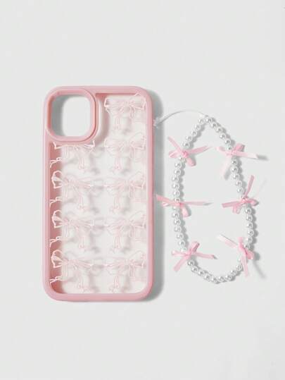 Kawaii 1 سوار لؤلؤي مزين بفيونكة وردية + حافظة هاتف مطابقة مزينة بفيونكة وردية ، متوافقة مع أجهزة iPhone 11/12/13/14/15 Pro Max