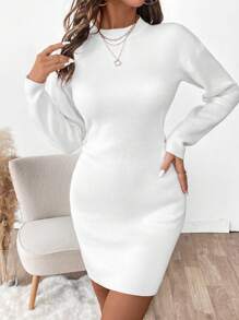 SHEIN Clasi 女士纯色简约长袖简约休闲连衣裙 - 白色 - 查看 3