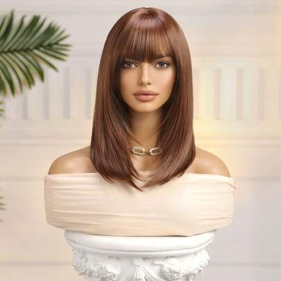 黑棕和髒橙短髮波波頭假髮帶瀏海女士用，合成纖維假髮自然造型，時尚可愛派對日常佩戴假髮