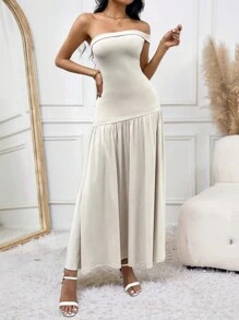 SHEIN Privé Women's Elegant Summer Off-White Midi Dress,Asymmetrical Neck Ruffles Cinched Waist A-Line Party Dress For Vacation,Date,Wedding,Homecoming & Brunch - Apricot - View 1