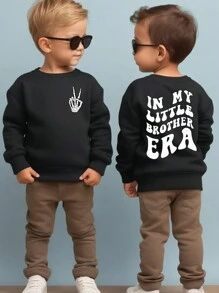 SHEIN Young Boy Casual Simple Skull & Slogan Printed Basic Pullover Sweatshirt - Black - View 3