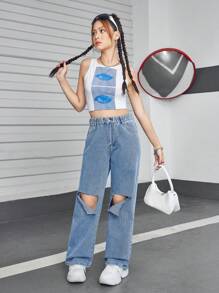 Teenagers' High-Waisted Distressed Washed Wide-Leg Jeans For Girls - Light Wash - View 3