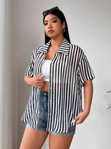 SHEIN EZwear Plus Size Women's Summer Black And White Striped Drop Shoulder Casual Blouse