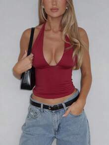 Mystra Women's Solid Color Sexy Backless Halter Neck Top - Burgundy - View 6