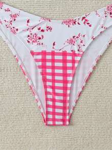 SHEIN Swim 女士随机印花系带扭纹细节上衣和全印花格子泳裤比基尼套装，夏季泳衣 - 粉色 - 查看 4