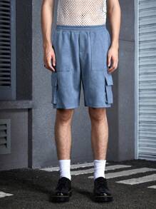 Manfinity VCAY Men's Unisex Y2K Wasteland Style Dune Style Doomsday Style Decadent Washed Blue Velvet Leather Woven Suede Loose Young Casual Street Style Mid-Waist Shorts Straight Shorts Suitable For Summer And Daily Use