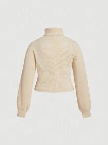 SHEIN MOD 大码针织高领长袖短斗篷 - 杏色 - 查看 2