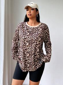 SHEIN EZwear Plus Size Women's Long Sleeve Leopard Print Crew Neck T-Shirt - Multicolor - View 4
