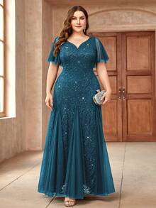 Đầm dạ hội đính sequin ren cổ tim tay bồng, đầm dự tiệc sang trọng, đầm dự tiệc cưới, thích hợp cho sinh nhật, lễ tốt nghiệp, dạ hội mùa xuân. - Màu xanh bụi bặm - Xem 4