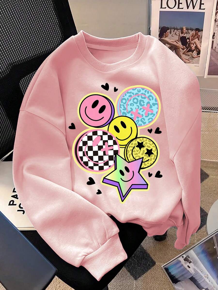 SHEIN Tween 女童休闲简约可爱卡通笑脸印花粉色厚圆领长袖运动衫，适合秋冬季，返校服装 - 彩色 - 查看 1