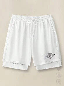Manfinity VCAY Pantalones cortos deportivos con estampado digital de letras falso de 2 piezas para hombres, de vuelta a la escuela