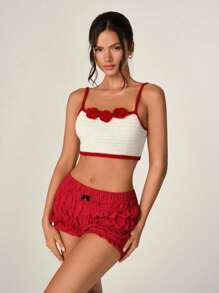 SHEIN Unity Tank Top Rajut Kasual Lembut dengan Hiasan Bunga 3D dan Pinggiran Blok Warna, Musim Panas - Putih - View 5
