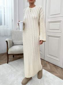 EURMUSE Women Cable Knitting Maxi Sweater Dress - Beige - View 4