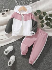 SHEIN 女婴简约休闲拼布夹克和裤子运动服套装，初秋 - 彩色 - 查看 1