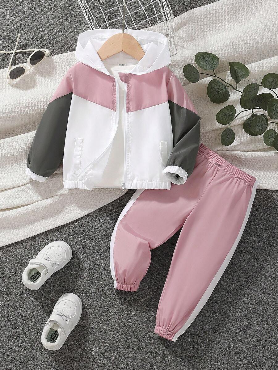 SHEIN 女婴简约休闲拼布夹克和裤子运动服套装，初秋 - 彩色 - 查看 1