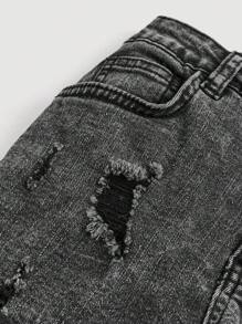 SHEIN Tween Girls Distressed Cuffed Denim Shorts, Summer - Black - View 4