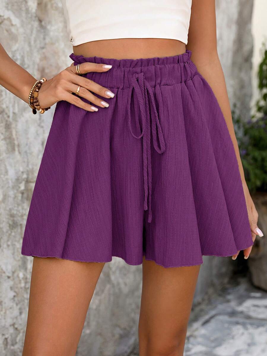Breezaya Solid Tie Front Wide Leg Purple Shorts For Summer - Purple - View 1