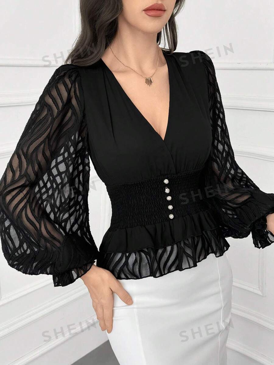 Modelyn Blusa elegante de cuello en V, manga farol, cintura ceñida para mujer, primavera/verano