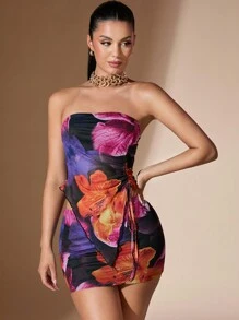 SHEIN BAE Elegante damesset van 2 stuks met trekkoord, asymmetrische zoom, oversized bloemenprint, tubetop en minirok met lage taille, zomer