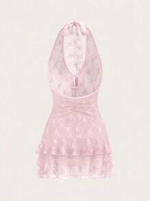 SHEIN X KeniaOs SHEIN ICON 夏季蕾絲V領透視後背多層荷葉邊領口連身裙 - 粉色 - 查看 5