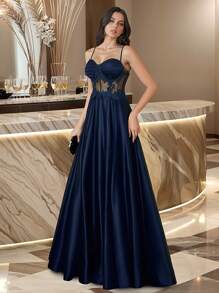 HOMEYEE Đầm hai dây gợi cảm với ren khoét eo, thích hợp cho tiệc tùng, dạ hội, lễ tốt nghiệp, dạ tiệc bán chính thức, sinh nhật, đám cưới, lễ tốt nghiệp, lễ hội Valentine mùa xuân. - Màu xanh hải quân - Xem 3