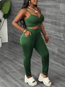 Slaydiva Casual Military Green Drawstring Front Crop Top And Skinny Pants Set - Army Green - View 4