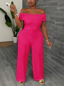 Slaydiva Plus Size Elegant Solid Color Off-Shoulder Slim Fit Jumpsuit For Women, White, Summer