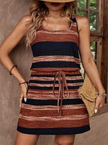 SHEIN LUNE Plus Size Women's U-Neck Cinched Waist Colorful Striped Casual Vacation Dress - Multicolor - View 1