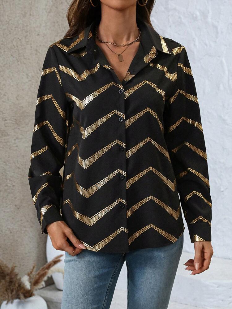 Ladies' Colorblock Minimalist Casual Button Down Long Sleeve Shirt
