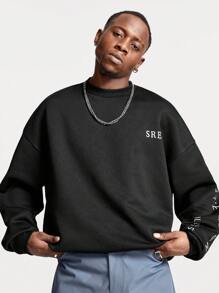 Manfinity VCAY Men's English Text Graphic Loose Fit Crew Neck Knitted Pullover Sweatshirt, For Fall Winter - Black - View 4