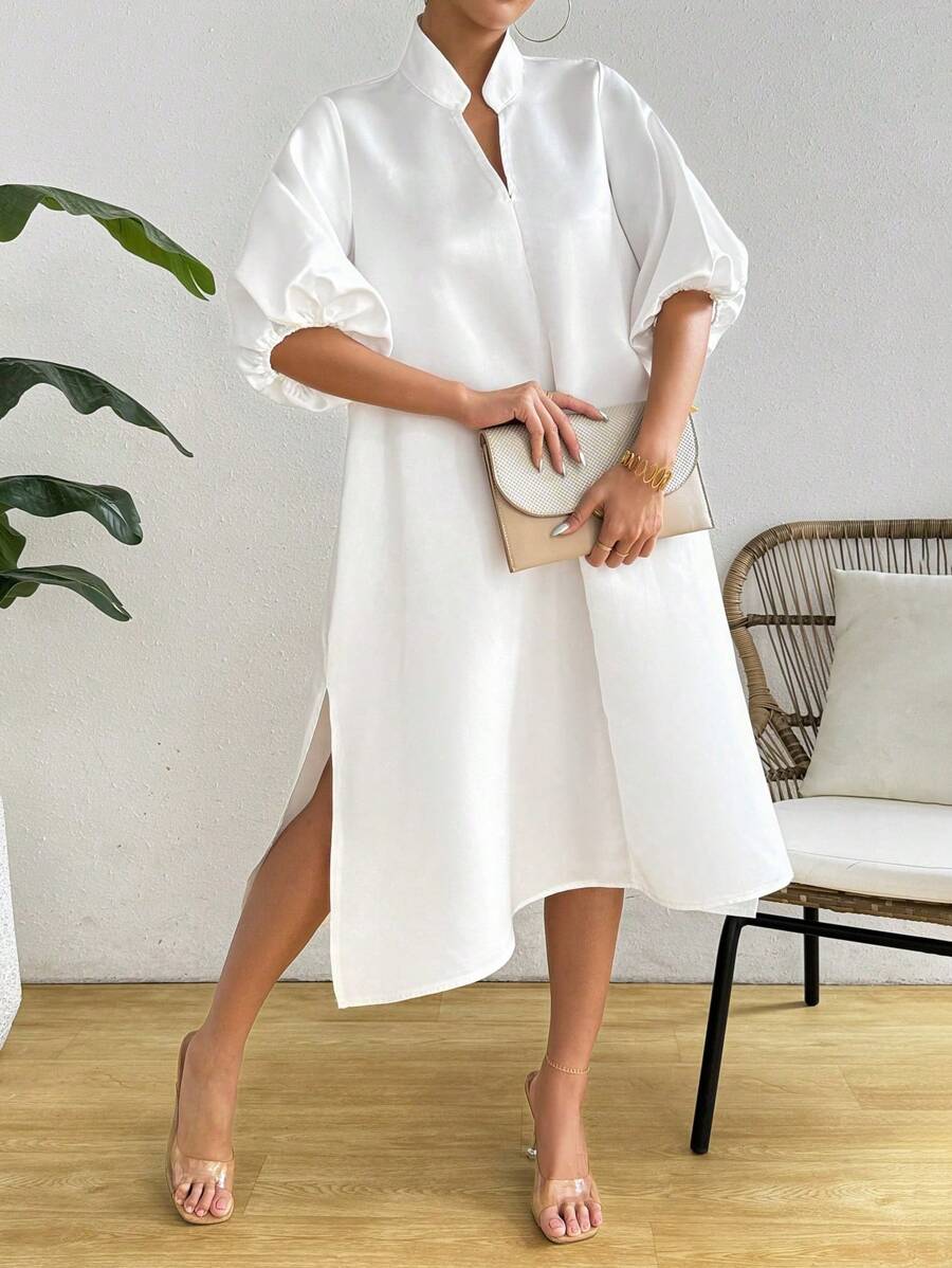 Breezaya Elegant And Charming Lantern Sleeve V-Neck Dress For Holiday Party Clothes Maxi Satin Women Outfit - White - View 1