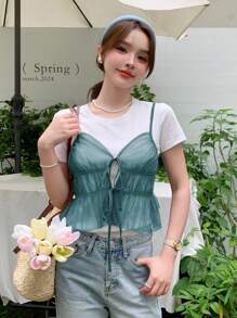 DAZY 女士细肩带露背系带性感时尚舒适吊带背心透明上衣 - 綠色 - 查看 2