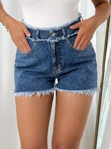 EURMUSE FRAYED DETAIL LOW WAIST JEAN SHORT - Medium Wash - View 4