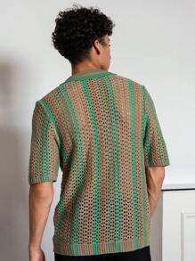 Manfinity Hypemode Hypemode de Manfinity Conjunto informal de playa para hombres, top de punto casual con estampado de una sola fila de botones, ideal para vacaciones, verano