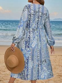 SHEIN VCAY 秋季女士大码 V 领长袖花卉印花连衣裙 - 彩色 - 查看 3