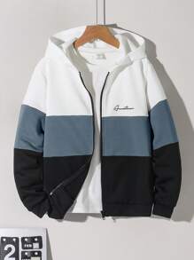 Tween Boys' Casual & Comfortable Contrast Panel Letter Printed Hoodie Jacket,In Fall/Winter - Dusty Blue - View 5