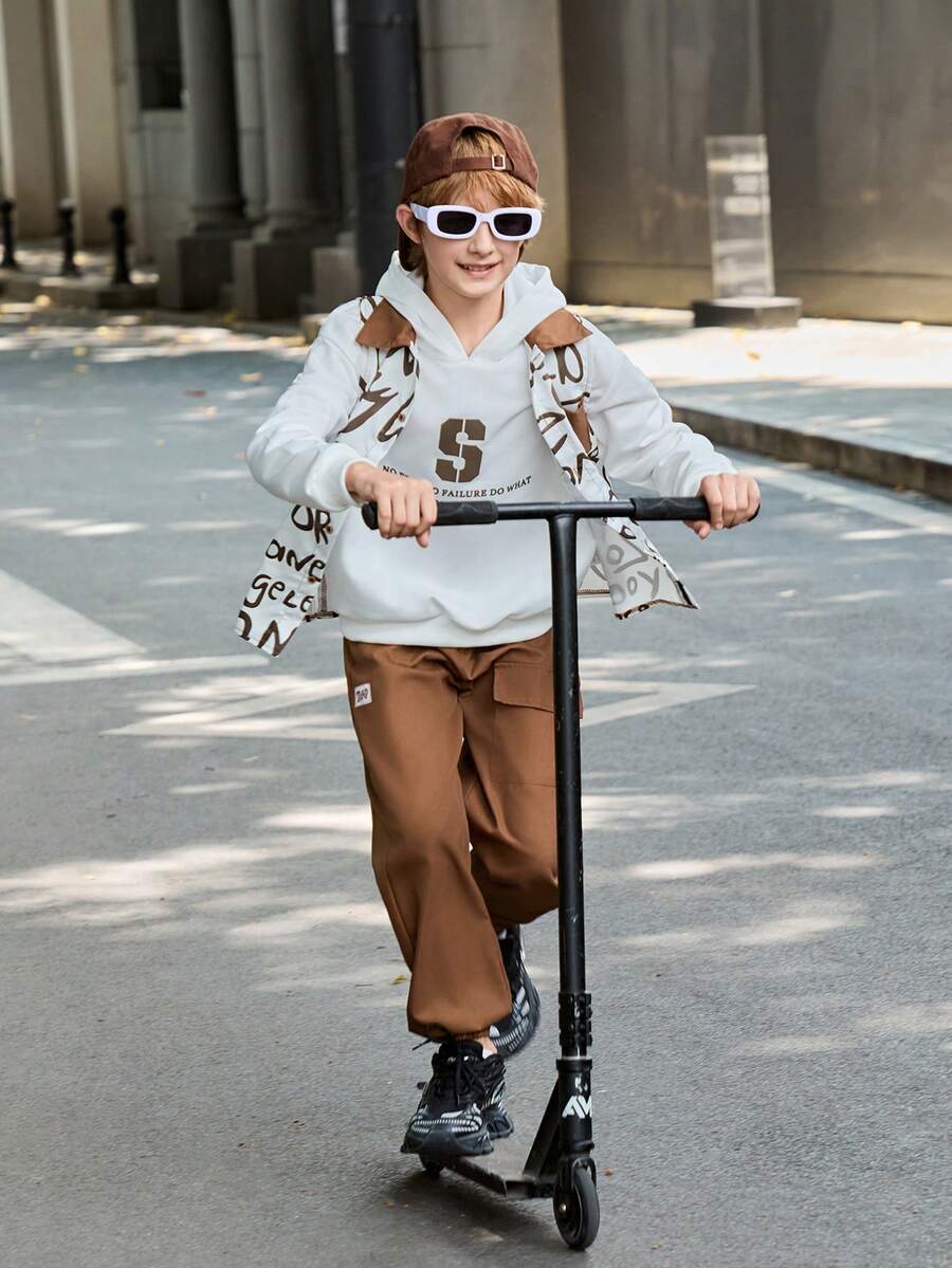 SHEIN Tween Boy Spring/Autumn Casual Letter Print Vest With Slogan Hoodie And Long Pants Set - Brown - View 1