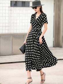 Vestido de mujer con cuello en V, manga corta, estampado de lunares y cintura anudada - Multicolor - Ver 1