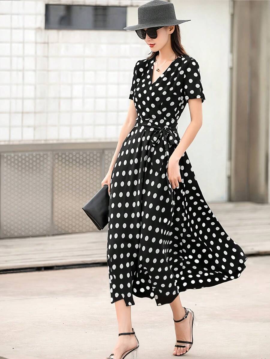 Vestido de mujer con cuello en V, manga corta, estampado de lunares y cintura anudada - Multicolor - Ver 1