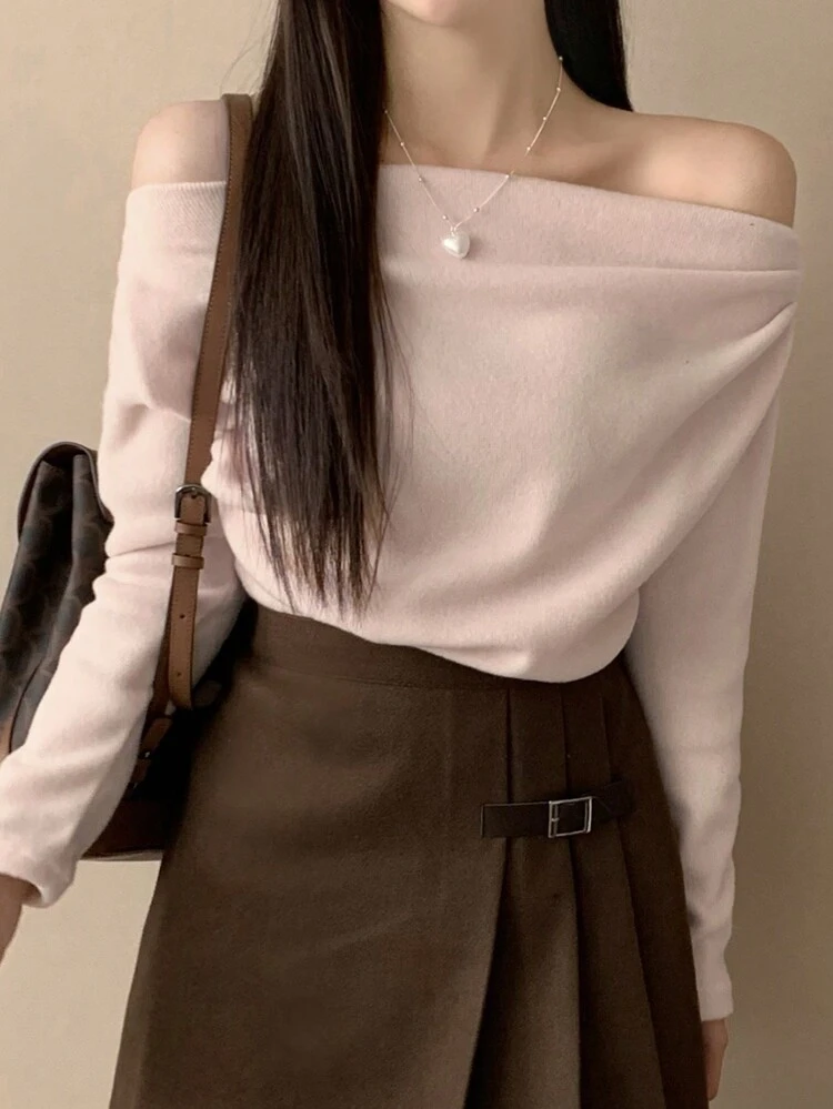 Women's Solid Color Simple Off Shoulder Draped T-Shirt For Daily Wear,Fall Clothes,Back To School Clothes Long Sleeve Women Tops