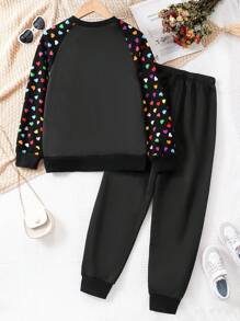 2 件 Tween 女童彩色心形印花圆领长袖上衣和裤子套装 - 黑色 - 查看 2