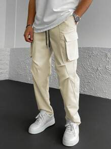 Manfinity LEGND Men's Relaxed Fit Solid Color Drawstring Waist Pocketed Cargo Long Pants - Apricot - View 1