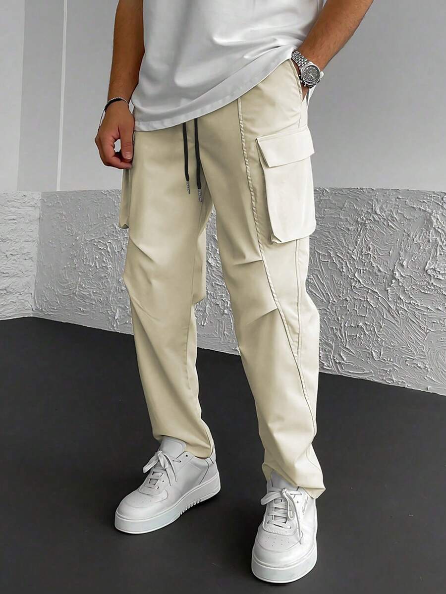 Manfinity LEGND Men's Relaxed Fit Solid Color Drawstring Waist Pocketed Cargo Long Pants - Apricot - View 1