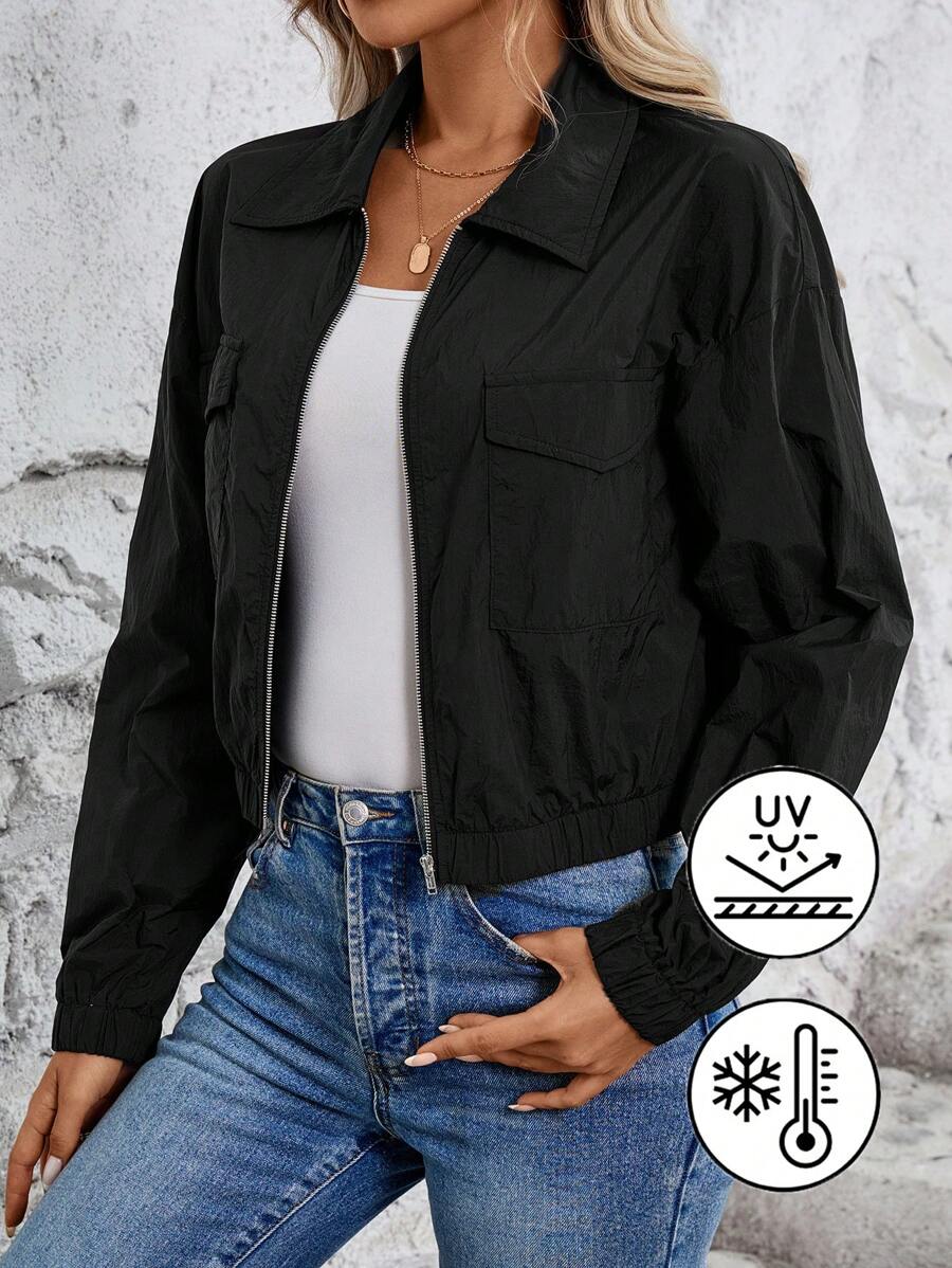 SHEIN LUNE Flip Pocket Drop-Shoulder UV Protection Functional Black Jacket - Black - View 1