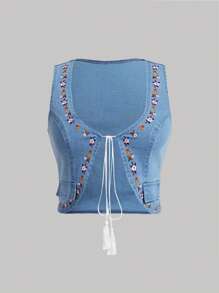 SHEIN MOD 大码甜心领系带无袖刺绣时尚牛仔上衣，适合文艺复兴集市、圣诞节、感恩节、外出等场合。 - 淺色水洗藍 - 查看 1