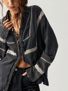 Bohemela Blusa casual de mujer con lavado y encaje de contraste para vacaciones, Blusa holgada de mujer con cuello en V, mangas largas y encaje de contraste en gris oscuro, uso casual diario en primavera/otoño