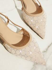 SHUZIA Giày đế bằng lưới đính đá mũi nhọn hở lưng cho ngày lễ năm mới Quà tặng ngày lễ tình nhân Giày mùa hè cho ngày lễ tình nhân - Màu be - Xem 5