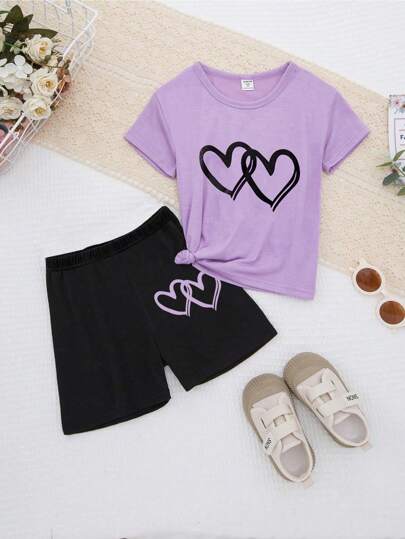 SHEIN Young Girl Summer Heart Graphic Printed Round Neck Short Sleeve Casual T-Shirt And Shorts Set, School, Campus, College