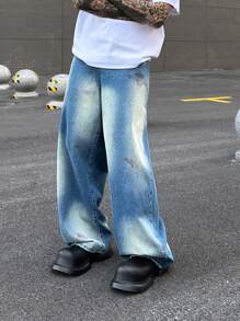 Manfinity Roghcode Y2K 复古街头风格男士深蓝色复古水洗牛仔裤，带污渍和破旧外观，宽腿宽松牛仔裤