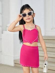 SHEIN Leap Crew 2pcs Young Girl Plain Knit Beaded Camisole Top And Mini Skirt Set - Hot Pink - View 4